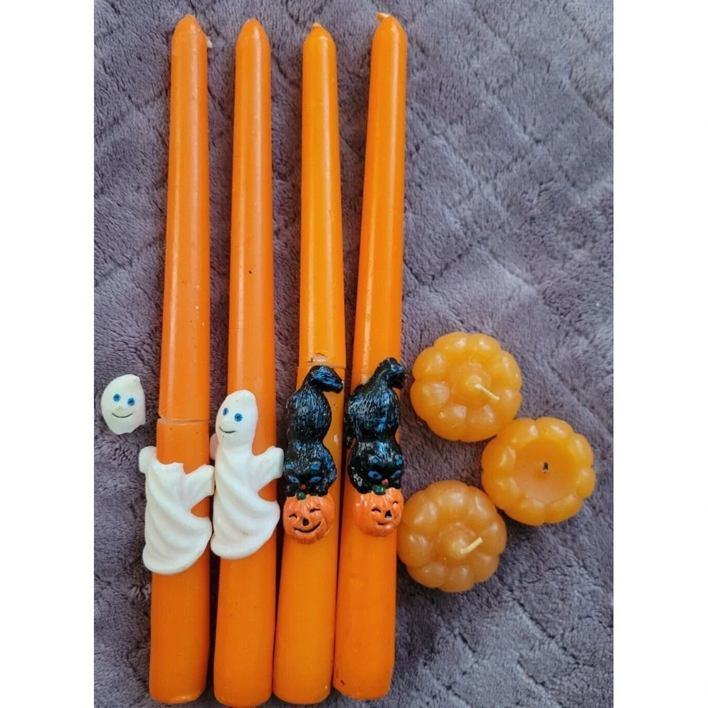 Mixed Lot Of 7 Halloween Taper Candles Cat, Ghost, Pumpkins